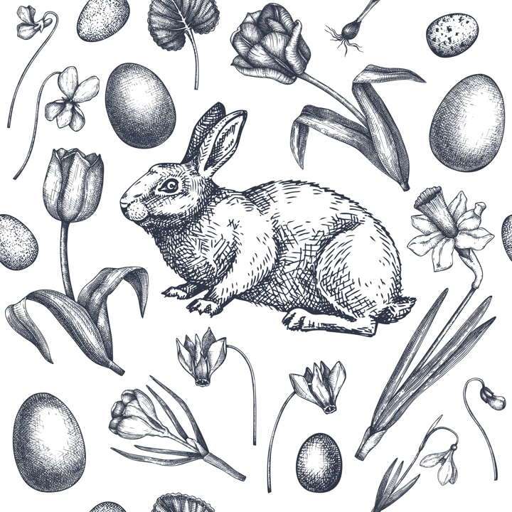 Easter seamless pattern. With spring flowers, eggs and rabbit hand-drawings. Hand-sketched botanical backdrop. Spring plants and animals sketches. Vector Easter background
